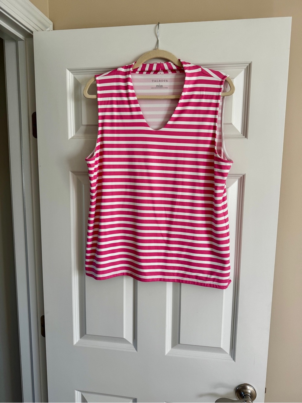 Talbots Hot Pink & White Striped V-Neck Sleeveless Tank L